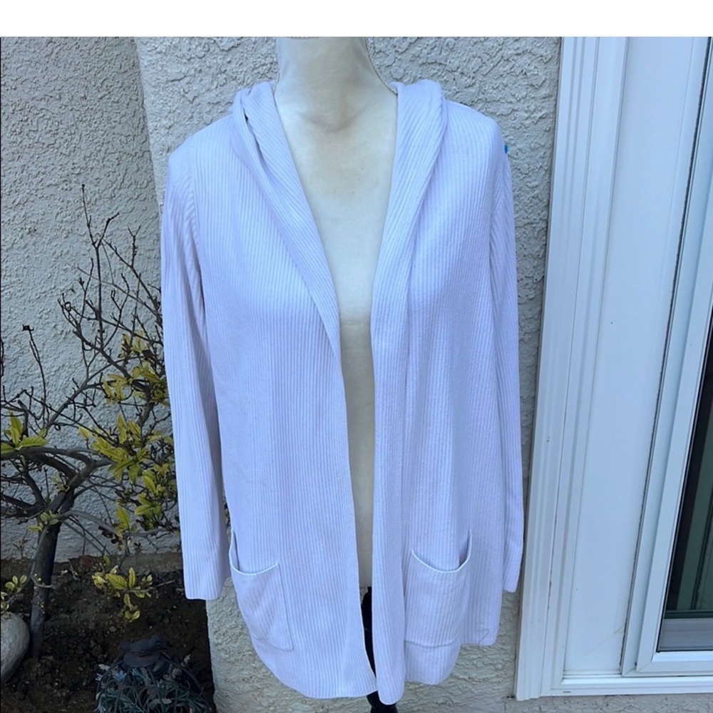 Barefoot Dreams CozyChic Ultra Lite Ribbed Ecru Hooded Cardigan Sweater Size L